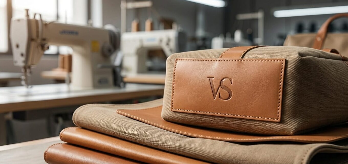 About Us "Handcrafted Vayuu leather collection featuring a premium tan backpack and matching slim wallet on a rustic wooden