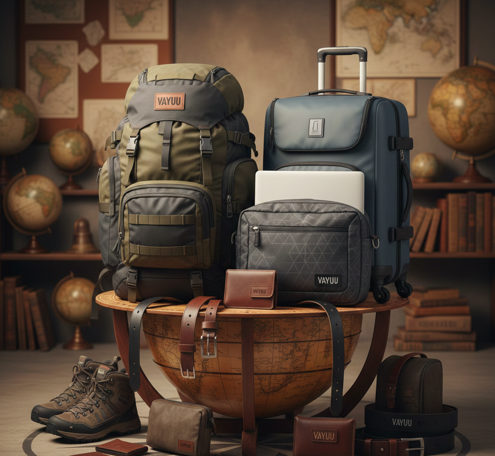 About Us "Lifestyle shot of Vayuu premium travel gear showcasing the integrated professional and travel world for modern nomads."